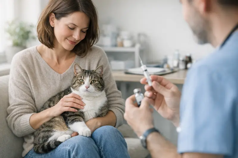 Vorsorgeuntersuchung für Katzen Katzendoktor bei der Untersuchung einer Katze während der Vorsorgeuntersuchung.
