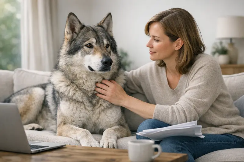Wolfhund Versicherung Informationen Ein Wolfhund spielt im Freien, symbolisiert die Frage zur Versicherung von Wolfhunden.
