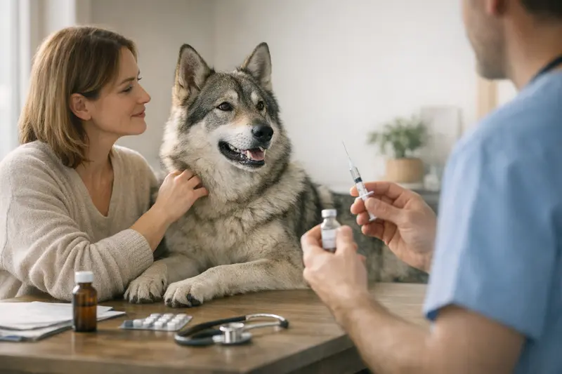 Hund und Impfungen beim Tierarzt Hund beim Tierarzt, während die Besitzerin über Vorsorgeimpfungen spricht.