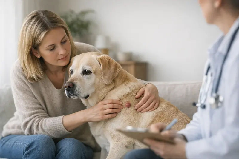 Ein Hund mit einer Hautwucherung beim Tierarzt zur Untersuchung.