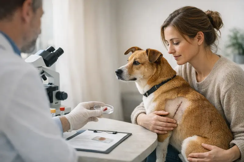 Tierarztbesuch für Laboruntersuchungen Hund beim Tierarzt für eine histologische Untersuchung nach einer Operation.