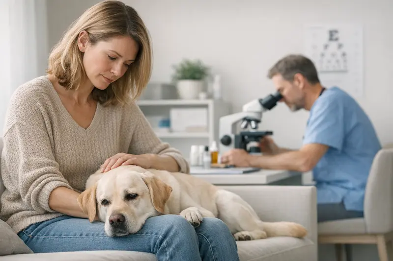 Tierarztbesuch zur Entwurmung Ein Hund beim Tierarzt zur Gesundheitsuntersuchung, um die Notwendigkeit einer Entwurmung zu klären.