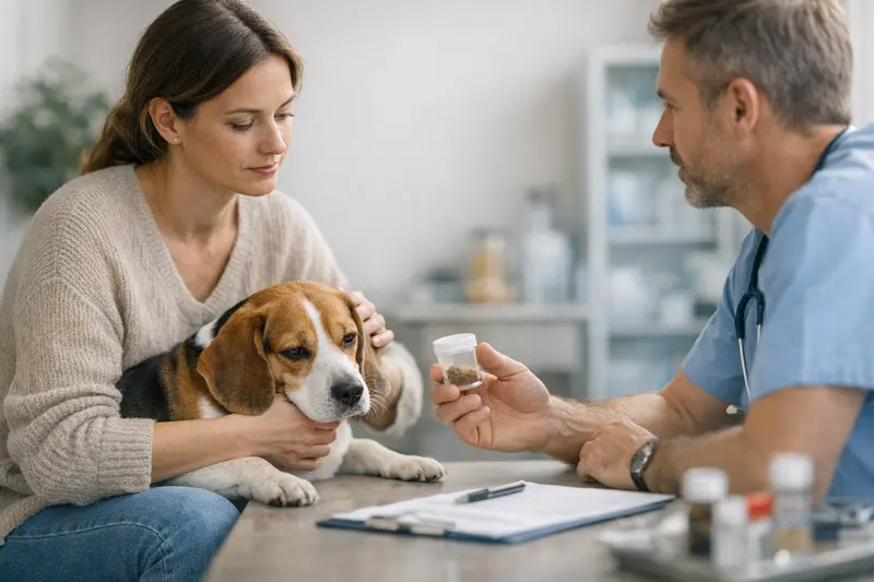 Tierarztgespräch zur Entwurmung bei Hunden Ein Hundebesitzer spricht mit einem Tierarzt über die Notwendigkeit von Entwurmungen und Tests.