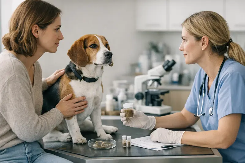 Kotuntersuchung beim Tierarzt Ein Hund beim Tierarzt, der eine Kotuntersuchung erhält.