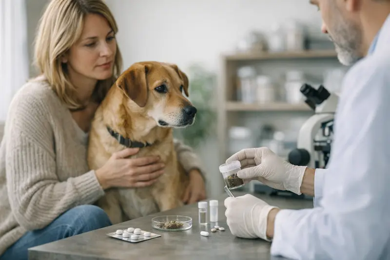 Tierarztuntersuchung für Hunde Ein Tierarzt untersucht einen Hund auf Wurmbefall.