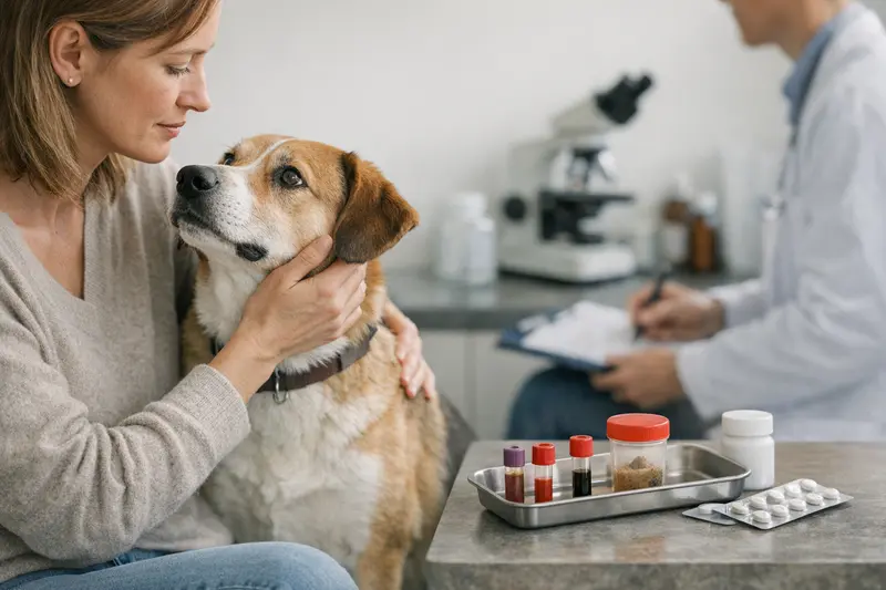 Tierarztkosten Wurmbefall Hund Ein Hund während einer tierärztlichen Untersuchung auf Wurmbefall