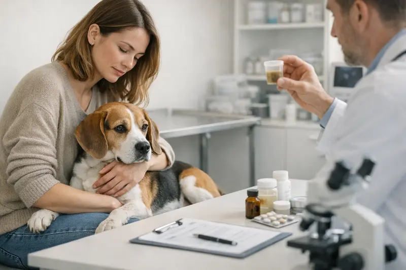 Tierarztkosten Wurmbefall Hund Hundehalter bei einem Tierarzttermin zur Untersuchung auf Wurmbefall mit Tierarzt am Tisch.