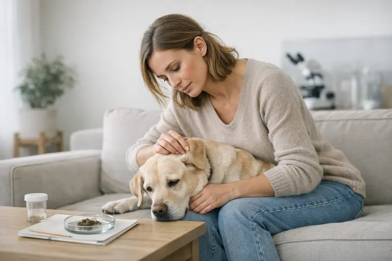 Ein Hund mit gesundheitlichen Problemen, der Anzeichen von Wurmbefall zeigt.