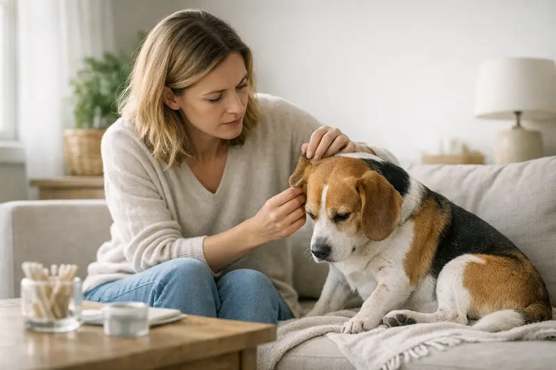Ein Hund hat Anzeichen von Würmern, was durch sein stumpfes Fell und einen abgemagerten Körper sichtbar wird.