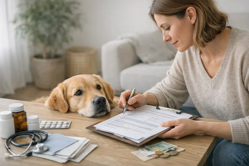 Tierhalter vergleicht verschiedene Tarife für Hundeversicherungen am Laptop.
