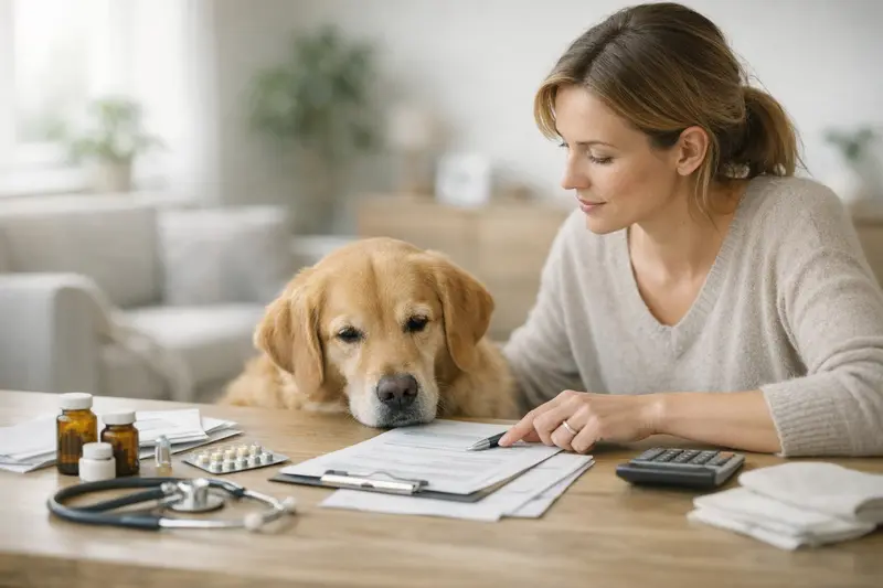 Tierarztkosten und Tarifvergleich für Hunde Ein Hund wird von einem Tierarzt untersucht, während der Halter Fragen zu tierärztlichen Kosten stellt.
