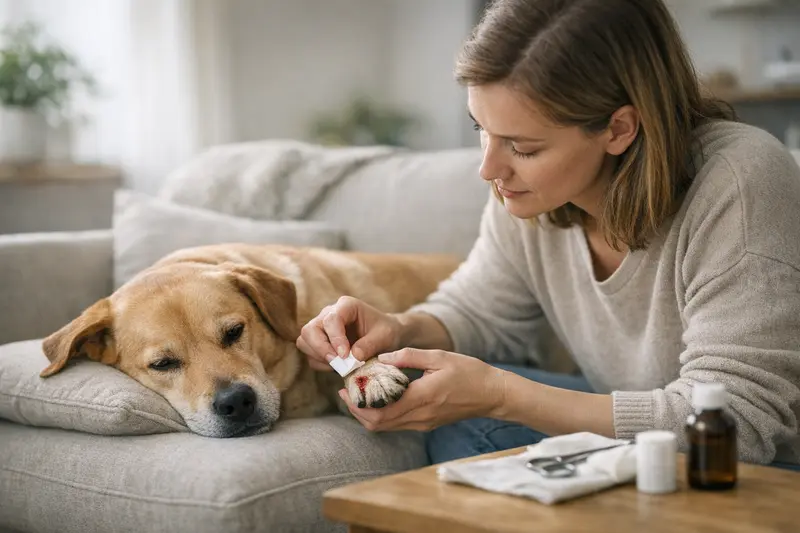 Selbstversorgung bei kleinen Wunden am Hund Hund mit kleiner Wunde, die zu Hause behandelt wird.