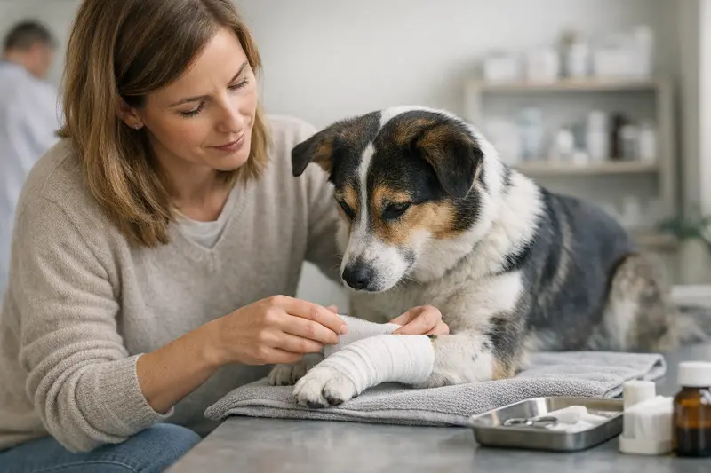 Tierarztuntersuchung Hund Ein Hund wird vom Tierarzt untersucht, um die Notwendigkeit einer Operation zu klären.