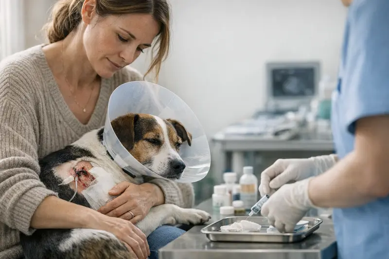Tierarztkosten bei Bissverletzungen Tierarzt untersucht eine Bissverletzung bei einem Hund und erklärt die möglichen Folgekosten.