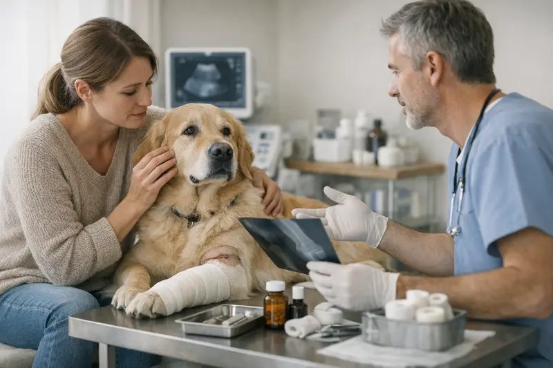 Ein Hund, der mit einem Wundverband am Bein beim Tierarzt sitzt und behandelt wird.