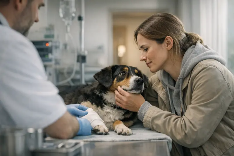 Tierarzt, der einen Hund im Notdienst behandelt und die Kosten erklärt.