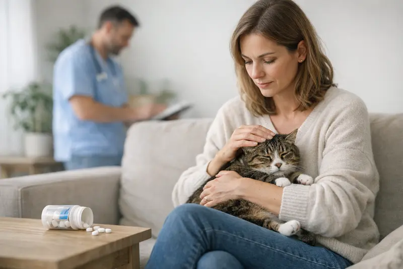 Xylitol und Katzen: Risiken und Vorsorge Eine besorgte Katze bei einem Tierarztbesuch, der Xylitol-Vergiftungsgefahr thematisiert.