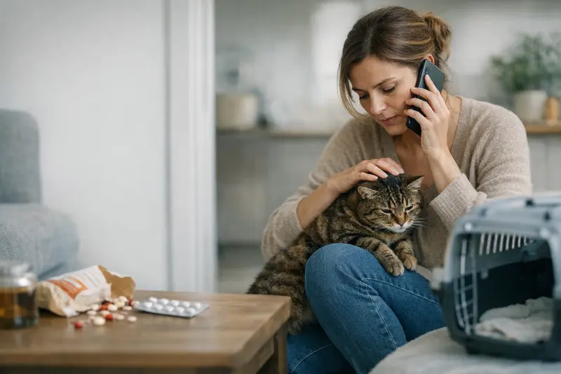 Tierarztbesuch nach Vergiftungsverdacht bei Katzen Eine besorgte Katzenbesitzerin hält ihre Katze in der Tierarztpraxis nach einem Vergiftungsverdacht.