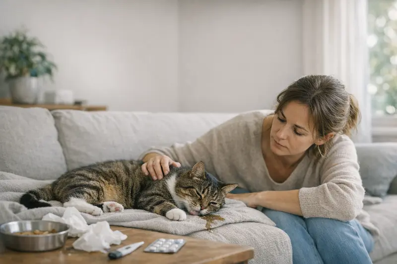 Symptome einer Katzenvergiftung Eine besorgte Katze zeigt Symptome einer möglichen Vergiftung wie Erbrechen und Lethargie.