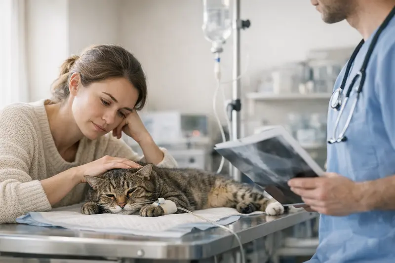 Katze Vergiftung Notfall Behandlung Tierarzt untersucht eine vergiftete Katze bei einem Notfall mit Medikamenten.