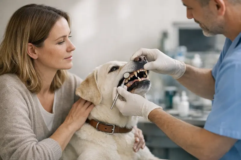 Zahnsteinentfernung beim Hund Ein Hund beim Zahnarzt, der die Zähne auf Zahnstein überprüft.