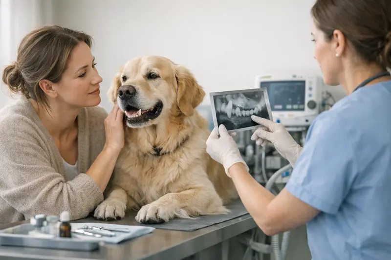 Hundezahnuntersuchung beim Tierarzt Ein Hund beim Tierarzt, der auf Zahnprobleme untersucht wird.