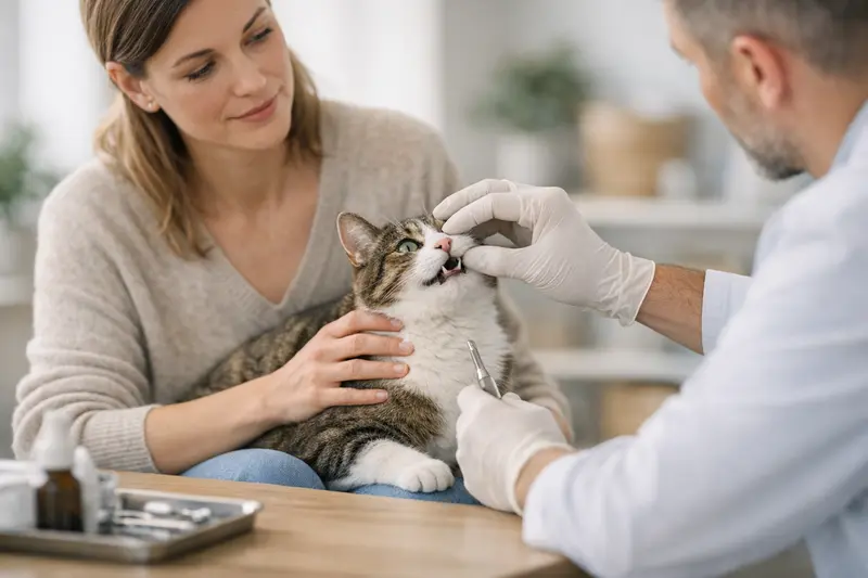 Zahnsteinentfernung bei der Katze Eine Katze beim Tierarzt zur Zahnsteinentfernung zur Vorsorgeuntersuchung.
