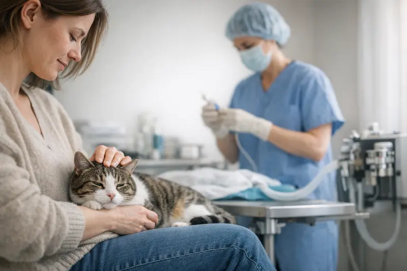 Eine Katze wird während einer Zahnsteinentfernung unter Narkose behandelt.