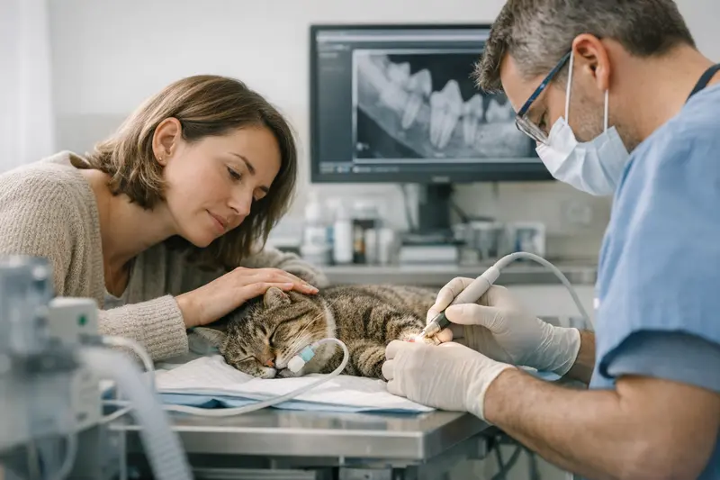 Teuerste Kostenpunkte bei der Katzenbehandlung Eine Katze beim Tierarzt, die untersucht wird, während verschiedene Kostenpunkte im Zusammenhang mit einer Behandlung sichtbar sind.