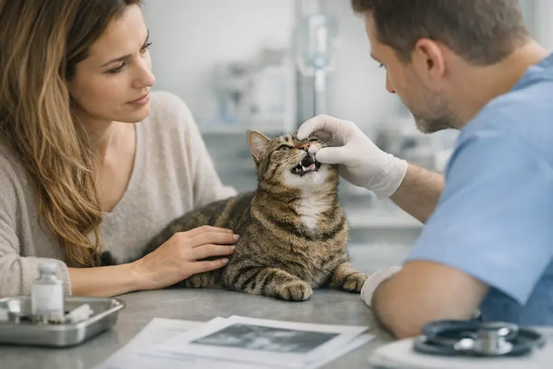 Tierarztbesuch wegen Zahnproblemen bei Katzen Eine Katze beim Tierarzt, wo Zahnprobleme untersucht werden