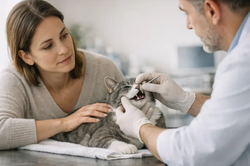 Tierarztkosten für Zahnextraktionen bei Katzen Tierarzt untersucht die Zähne einer Katze für eventuell notwendige Zahnextraktionen.