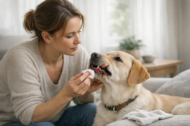 Blutender Hundezahn bei Zahnwechsel Hund bei Zahnwechsel mit leicht blutendem Zahnfleisch, was normal sein kann.
