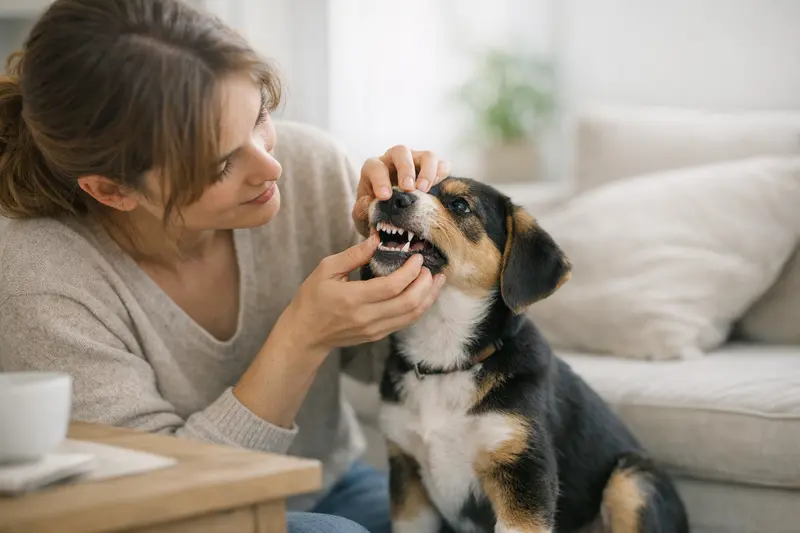 Zahnwechsel beim Hund Ein Welpe mit gesunden Zähnen während des Zahnwechsels in einem hellen Raum.