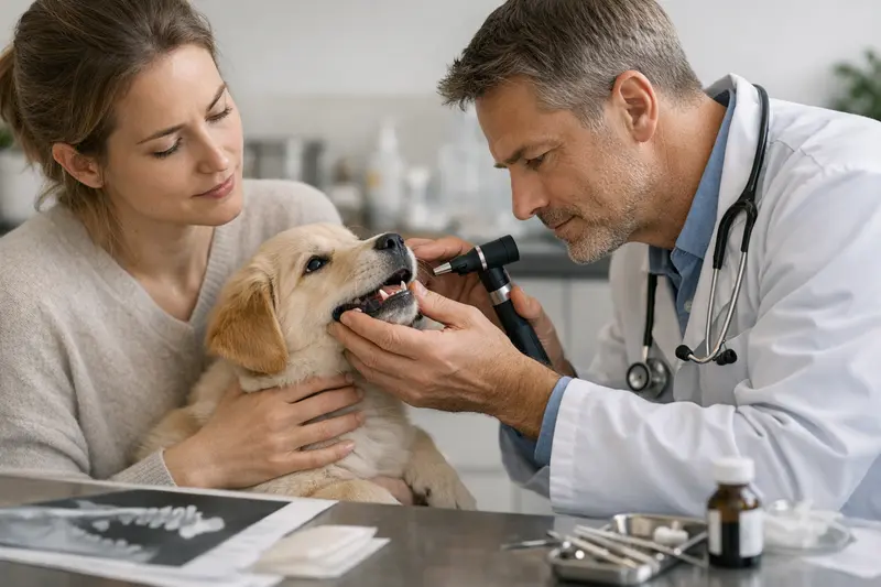 Ein Hund beim Tierarzt bekommt einen Zahnarztbesuch zur Untersuchung der Zahnwechselkosten erklärt.