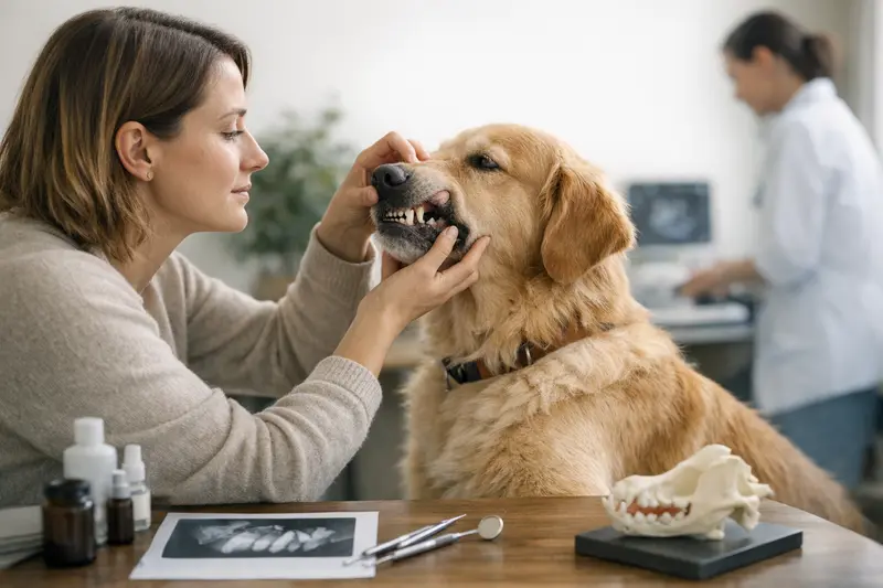 Ein Hund bei einer zahnärztlichen Untersuchung, die wichtige Versicherungsleistungen für Zahnprobleme verdeutlicht.