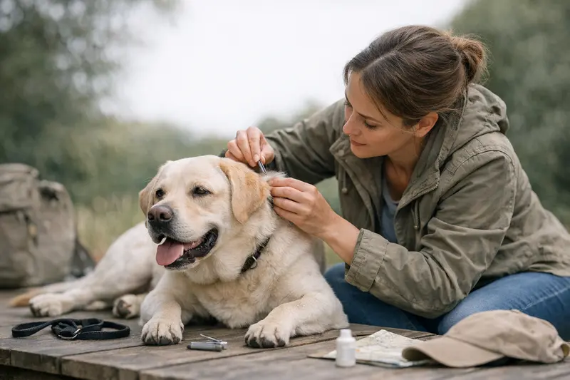 Zeckenprävention beim Hund und Versicherungsschutz Hundehalter bespricht mit Tierarzt die Risiken von Zeckenbefall und den Versicherungsschutz.
