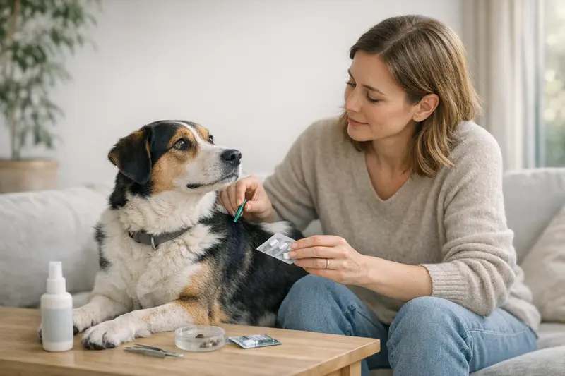 Beratung zum Zeckenschutz für Hunde Hund beim Tierarzt zur Beratung über Zeckenprophylaxe und Versicherungsdetails.