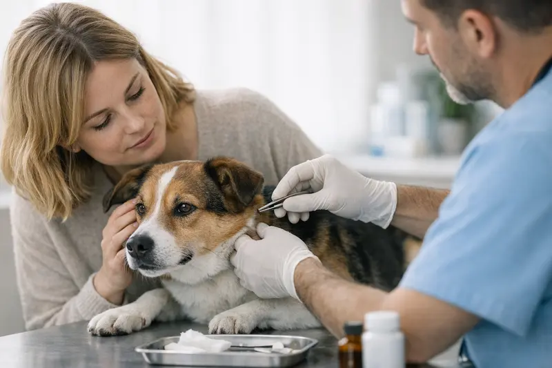 Ein Hund wird von einem Tierarzt behandelt, während er auf Zecken untersucht wird.