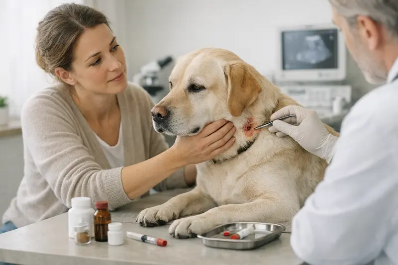 Tierarztkosten nach Zeckenbiss bei Hunden Tierarzt untersucht einen Hund nach einem Zeckenbiss und erklärt mögliche Kosten.