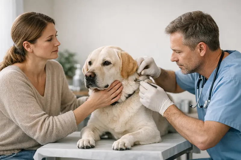 Hundeversicherung und Zeckenstich-Behandlungen Ein Hund, der nach einem Zeckenstich vom Tierarzt untersucht wird.