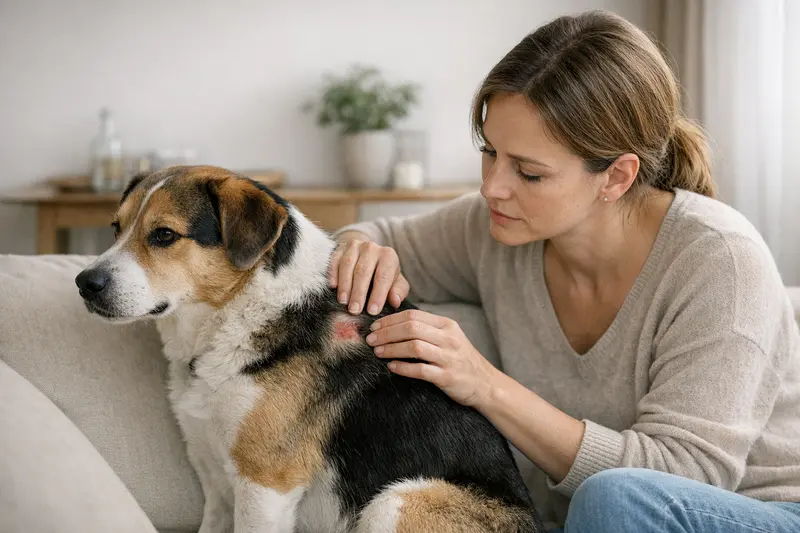 Hund mit Zecke im Fell Ein Hund mit einer Zecke im Fell, der aufmerksam auf sein Herrchen schaut.