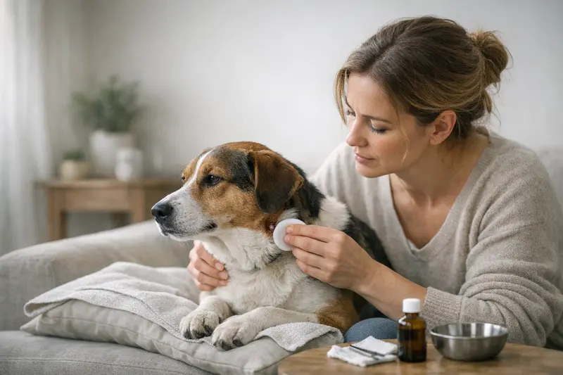 Zeckenkopf Hund entfernen Ein Hund, dessen Zeckenkopf in der Haut steckt, wird von einem Tierhalter beobachtet, der besorgt aussieht.