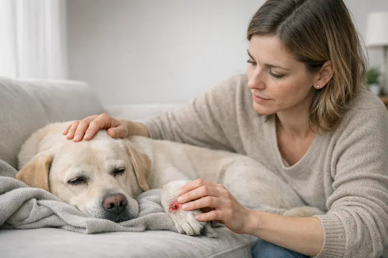 Warnzeichen nach Zeckenstich bei Hunden Ein Hund mit einer stark entzündeten Stichstelle nach einem Zeckenstich.