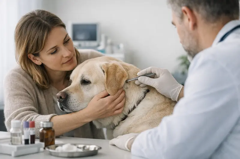 Tierarztkosten für Hund bei Zeckenbefall Ein Hund erhält eine tierärztliche Untersuchung nach einem Zeckenbefall.