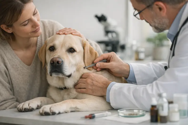 Tierärztliche Behandlung bei Zeckenbefall Ein Hund wird tierärztlich behandelt, um mögliche Zeckenprobleme zu diagnostizieren.