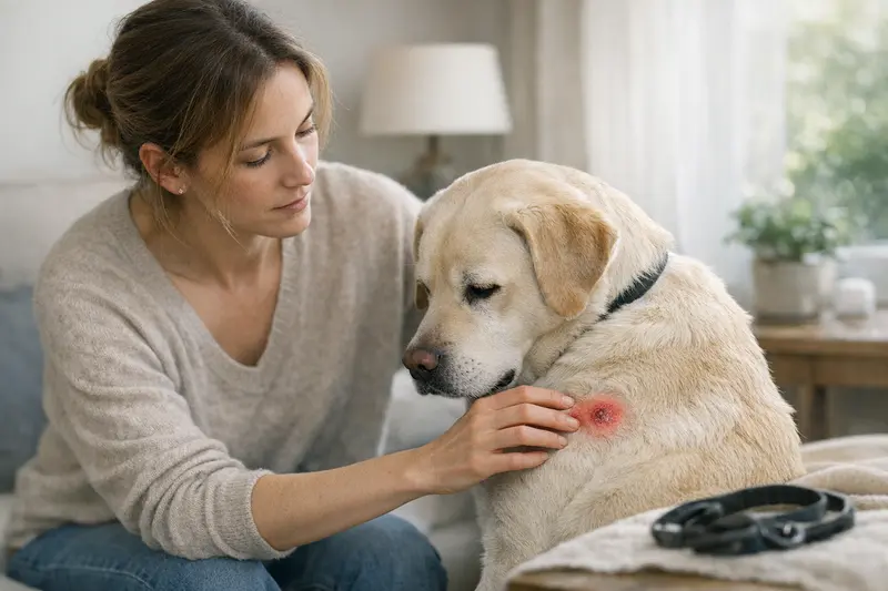 Warnzeichen nach Zeckenbiss bei Hunden Hund mit Schwellung nach Zeckenbiss, der tierärztliche Aufmerksamkeit benötigt.