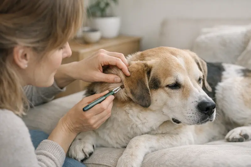 Zecke beim Hund entfernen Ein Hundebesitzer entfernt vorsichtig eine Zecke von seinem Hund.