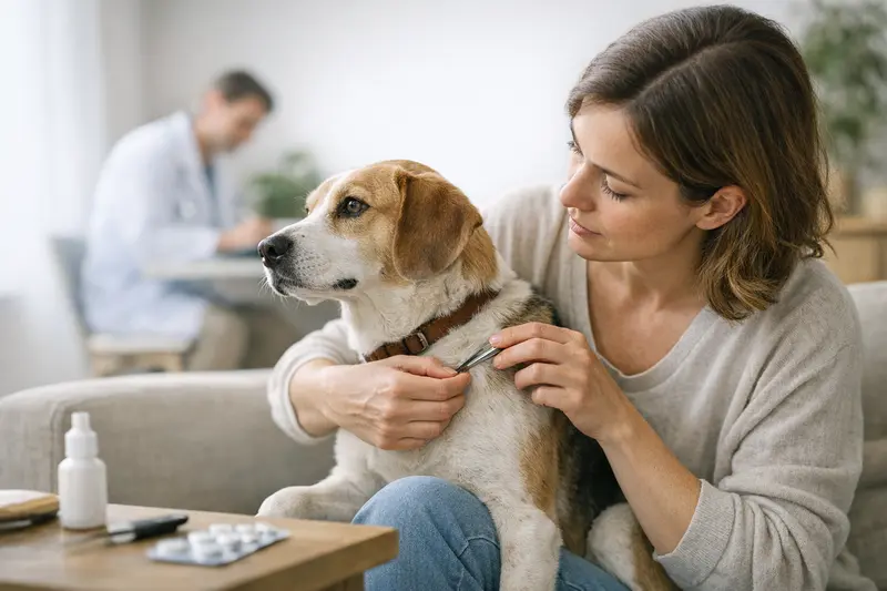 Tierarzt untersucht Hund auf Zecken Tierarzt bei der Untersuchung eines Hundes auf Zeckenbefall