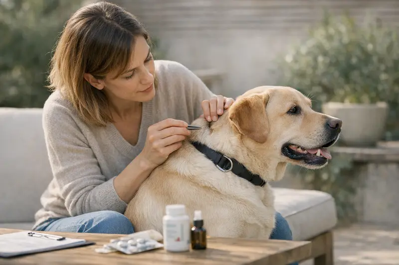 Ein Hund, der beim Tierarzt untersucht wird, um die Bedeutung der Zeckenprophylaxe zu verdeutlichen.