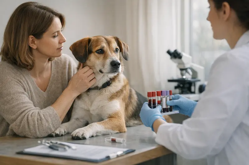 Bluttest Hund Zeckenstich Hund erhält Bluttest nach Zeckenstich beim Tierarzt zur Gesundheitsüberprüfung.